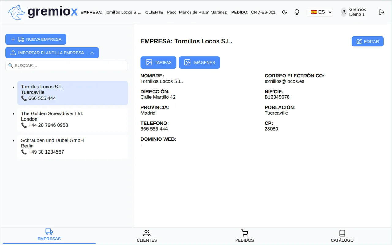 Panel de GremioX con ficha de empresa y accesos a documentación, tarifas y categorías