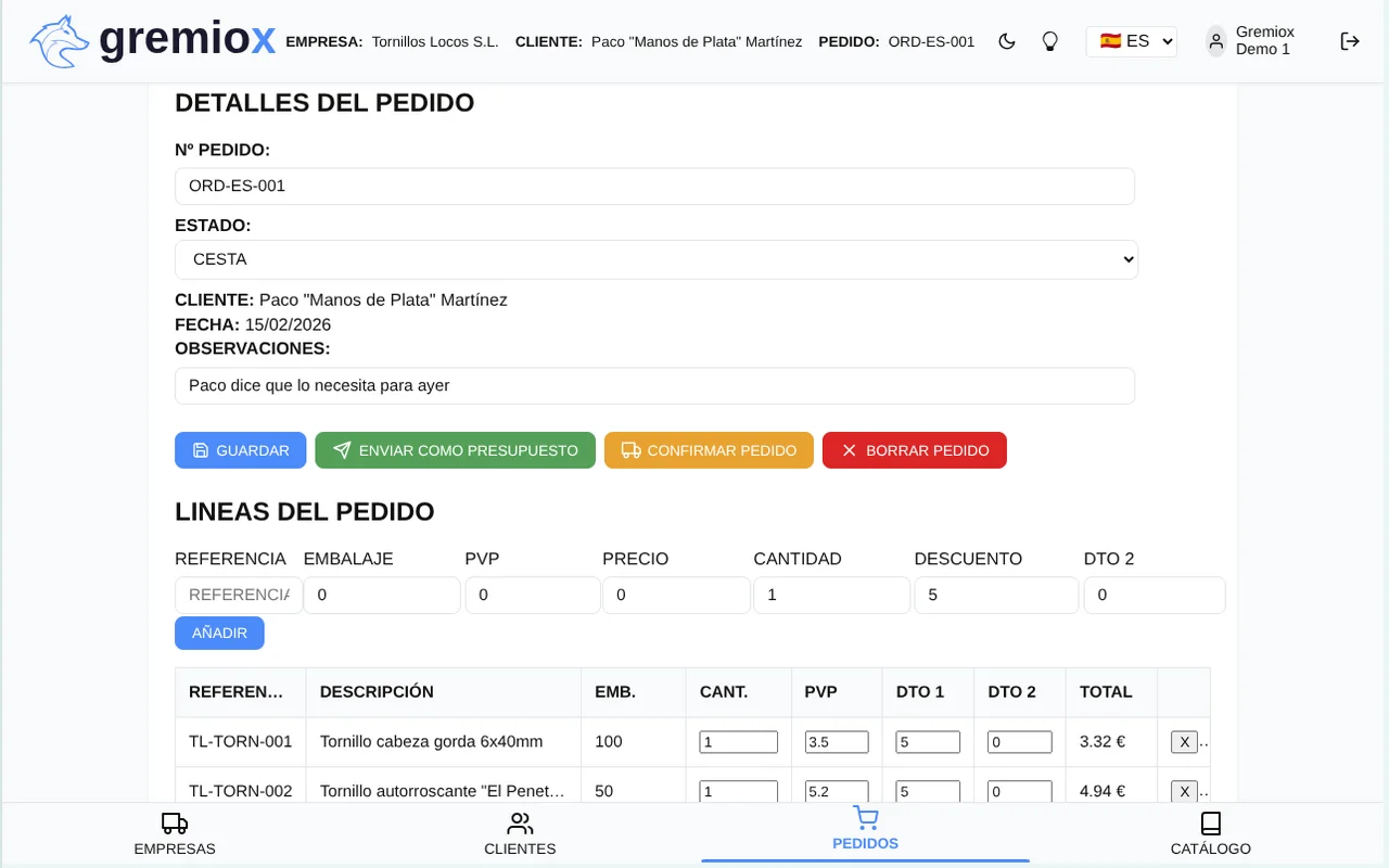 Detalle de pedido en GremioX con estado, observaciones y líneas de producto