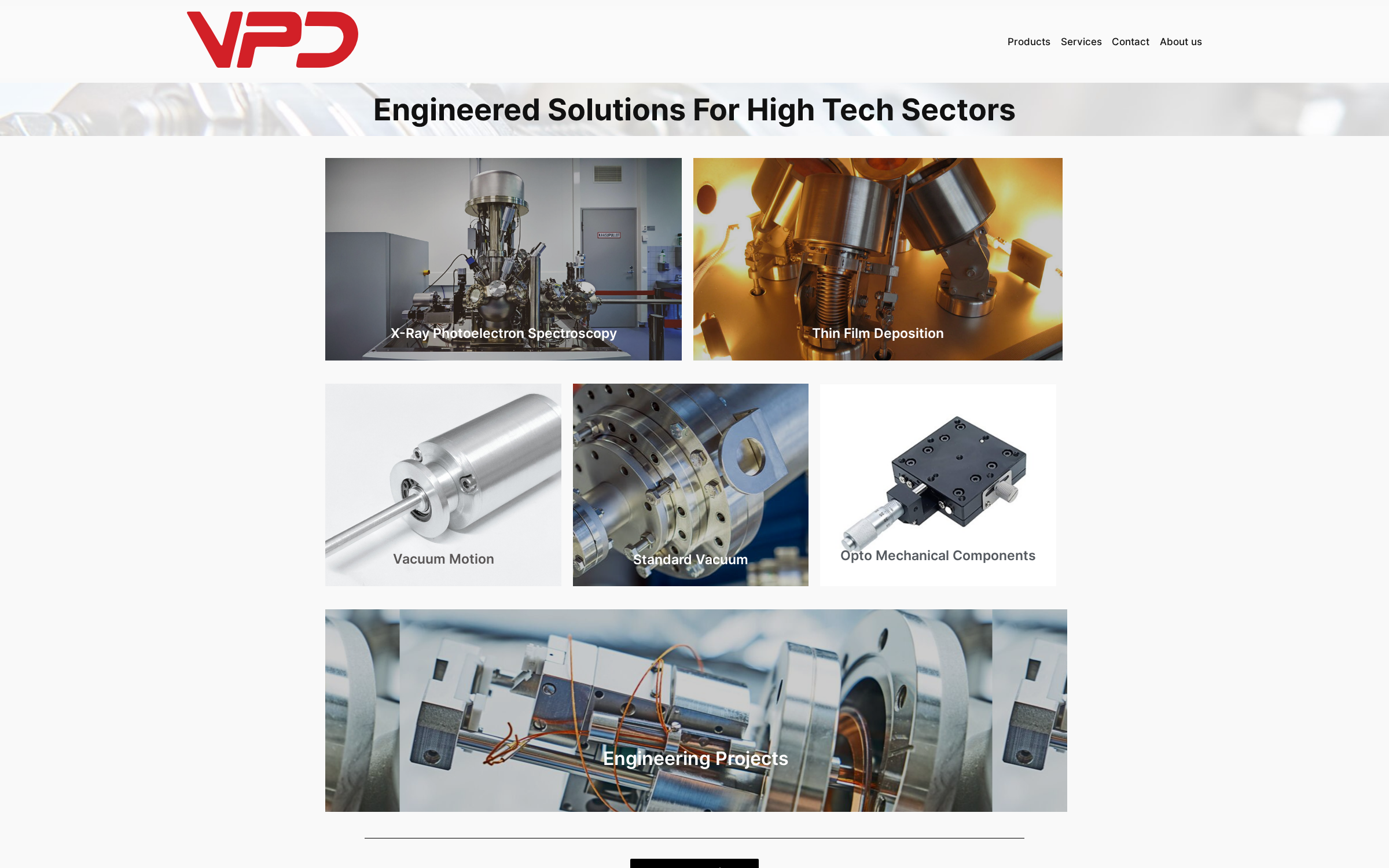 Captura real de la web antigua de VPD en vacuumprecisiondevices.com con categorías de productos técnicos